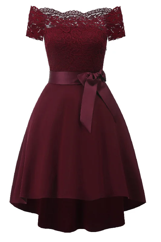 A Line Off the Shoulder Burgundy Lace Dress with Bowknot