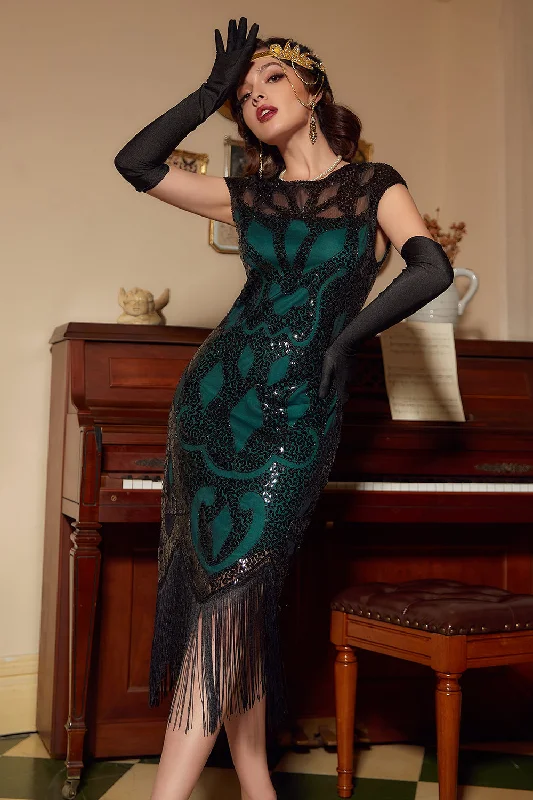 Black&Green Sequins 1920s Dress with Tassel