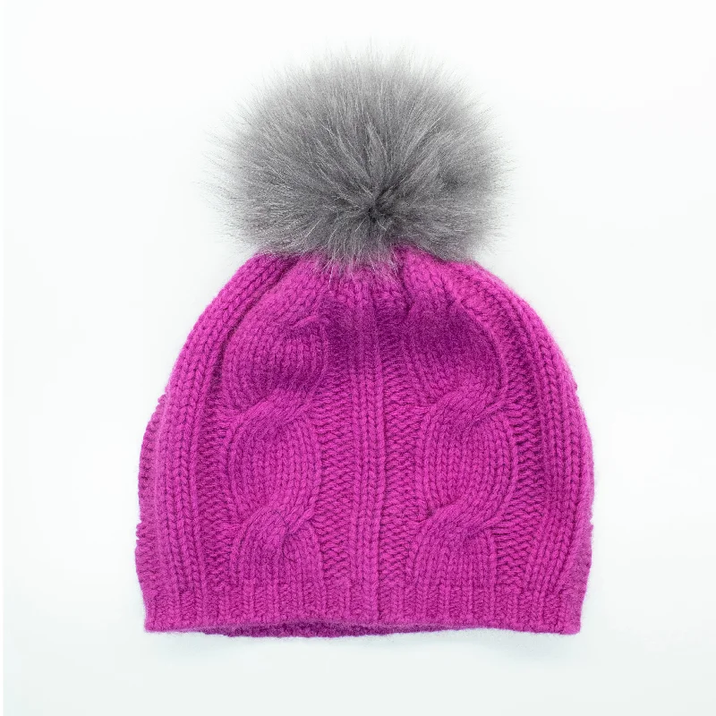 CABLED BEANIE WITH FUR POM