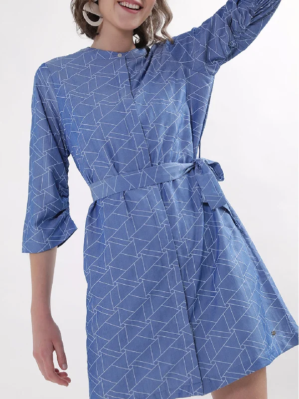 Elle Women Blue Printed Band Collar Dress