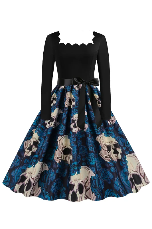 Halloween Blue Print Long Sleeve Vintage Dress