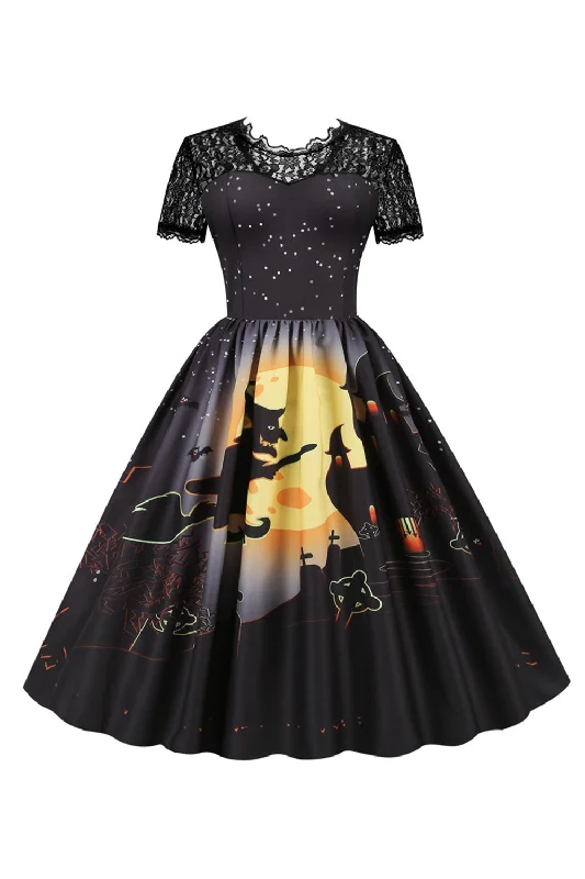 Halloween Party Lace Print Vintage Dress