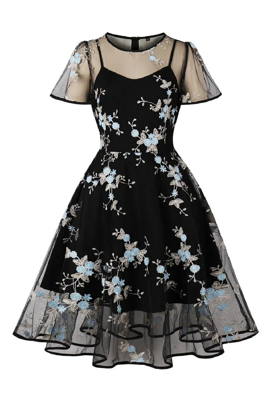 Swing Black 1950s Dress with Embroidery