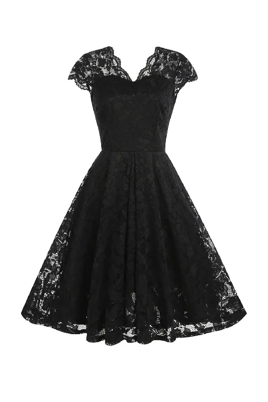 V Neck Black Lace Hepburn Style 1950s Dress