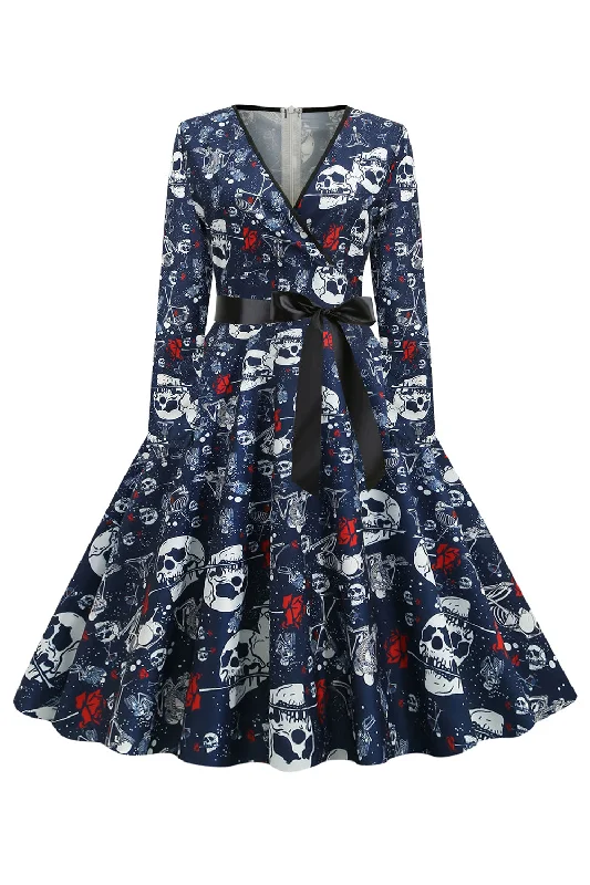 V Neck Skull Printed Navy Halloween Dress