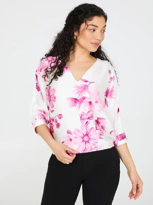 Floral Print Satin Dolman Sleeve Top