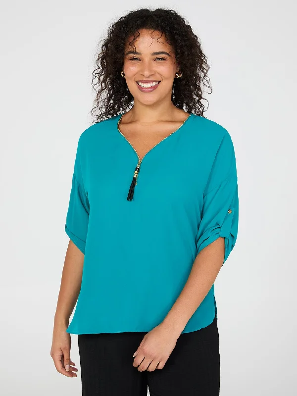 Zip Front V-Neck Top