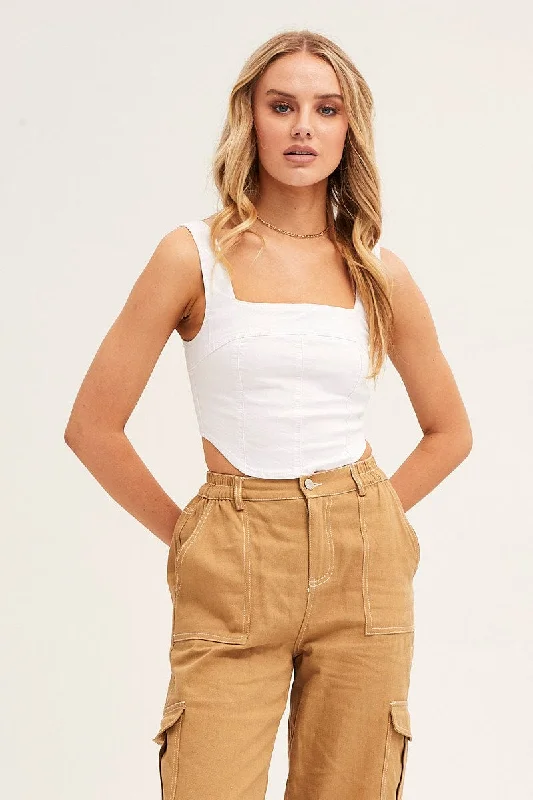 White Corset Top Sleeveless Crop Stretch Denim