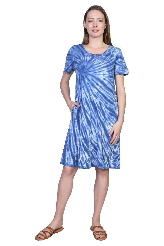 La Cera Cotton Knit Short Sleeve Blue Tie-Dye Dress