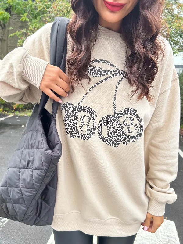 Lucky Cherry - Leopard Print Cherry Graphic Beige Sweatshirt