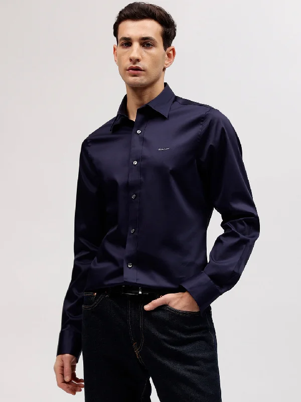 Gant Men Blue Solid Spread Collar Full Sleeves Shirt