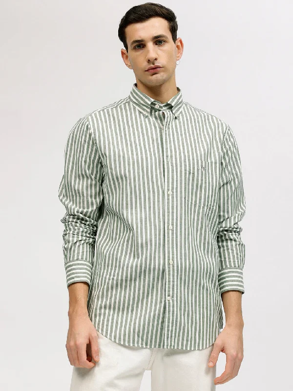 Gant Men Green Striped Button-down Collar Full Sleeves Linen Shirt