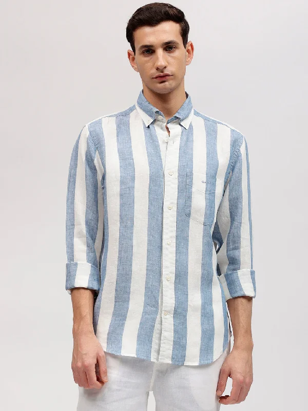 Gant Men Blue Striped Button-down Collar Full Sleeves Linen Shirt