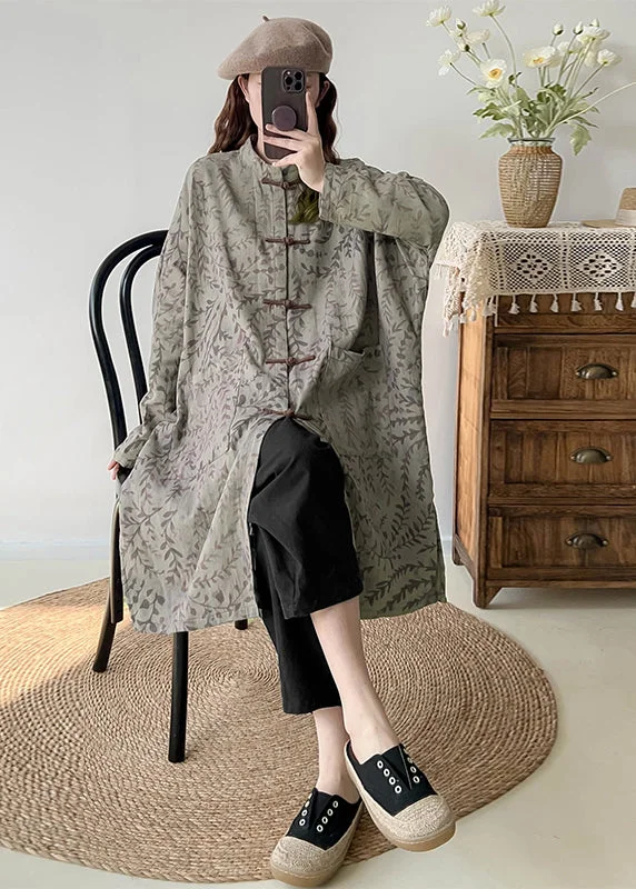 Casual Green Oversized Print Linen Coat Outwear Fall