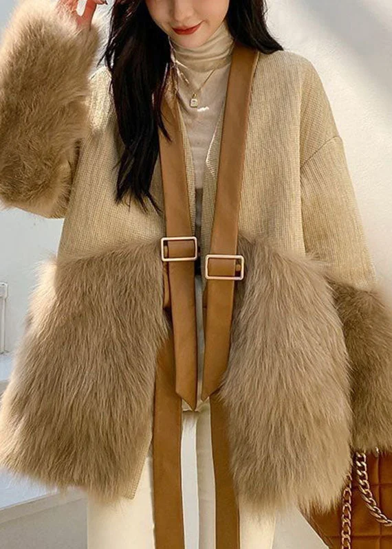 Classy Khaki V Neck Fuzzy Fur Fluffy Patchwork Leather And Fur Coat Long Sleeve