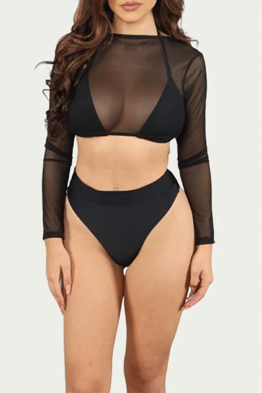 Mesh Three-Piece Bikini Set In Black