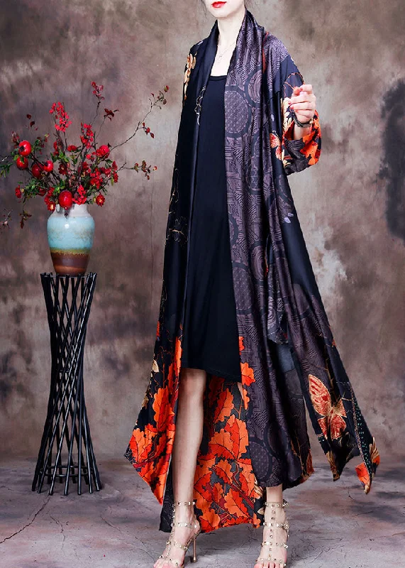 Vintage Black Print Bow Collar Side Open Silk Long Cardigan Long Sleeve