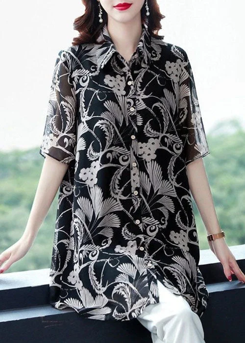 Vintage Black Turn-down Collar Print Draping Chiffon Long Shirt For Women Half Sleeve