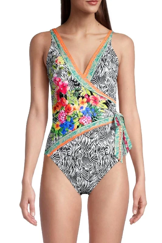 Zebra Print Wrap Style Swimsuit In Multi