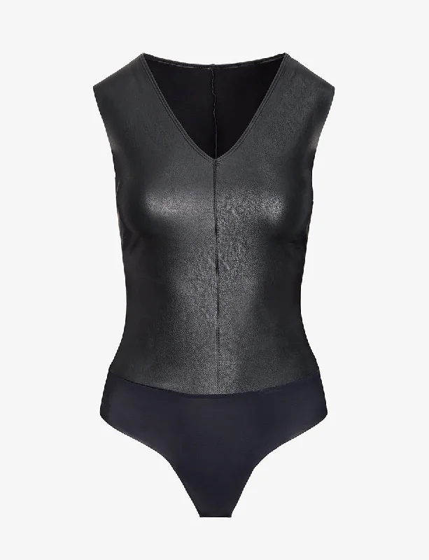 Faux Leather V-Neck Bodysuit